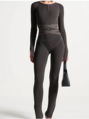 Maniere De Voir Brown Ribbed Knit Jumpsuit with Waist Wrap